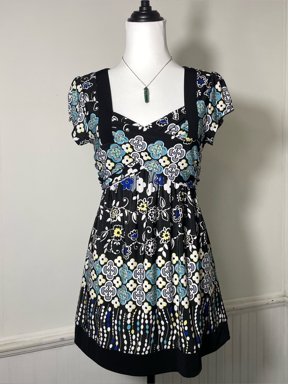 Anxiety - Black Blue Floral Waist Tie Babydoll Top